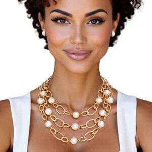Chain Gold Parisian Chic Cream Pearl Necklace Set